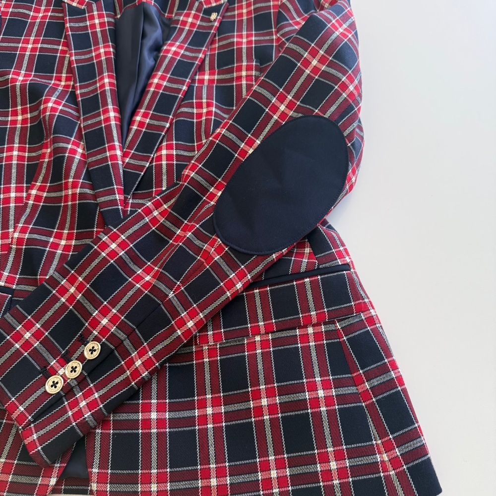 Tommy Hilfiger-Blazer-Plaid-Red-Navy-Preppy-Equestrian-Holiday-Gold-Size 6 - Picture 5 of 15